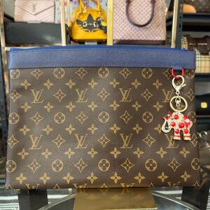 Louis Vuitton Monogram Canvas Pouch with Navy Trim and Red Charm
